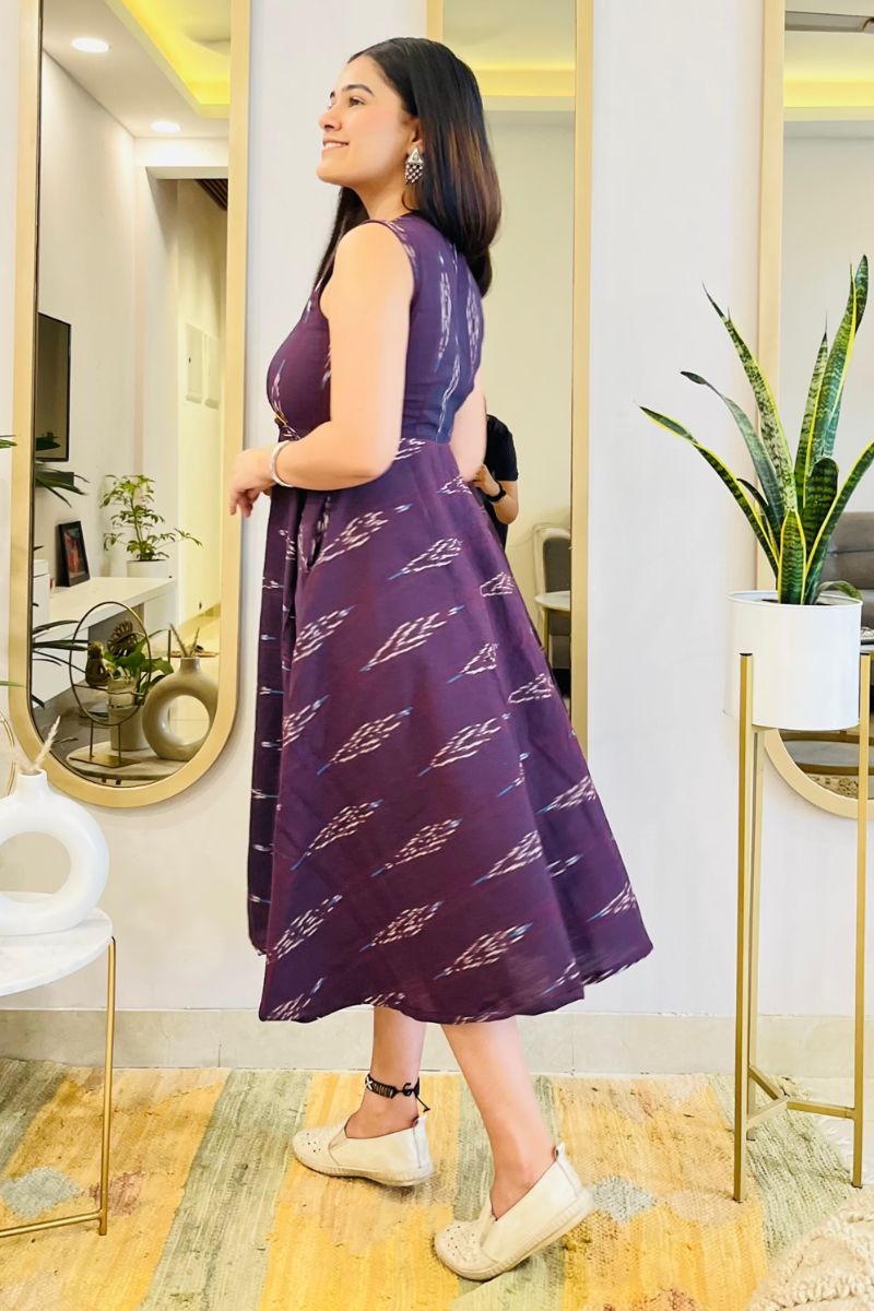 AUBERGINE IKAT VOLUMINOUS DRESS