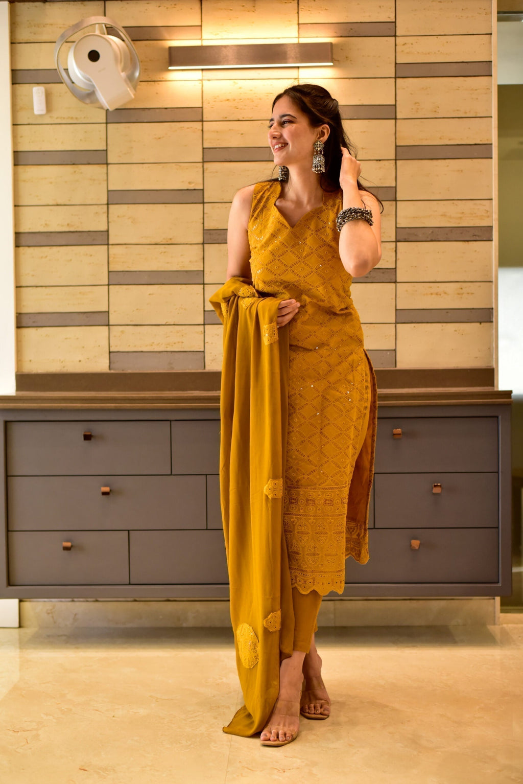 mustard chikankari kurta set