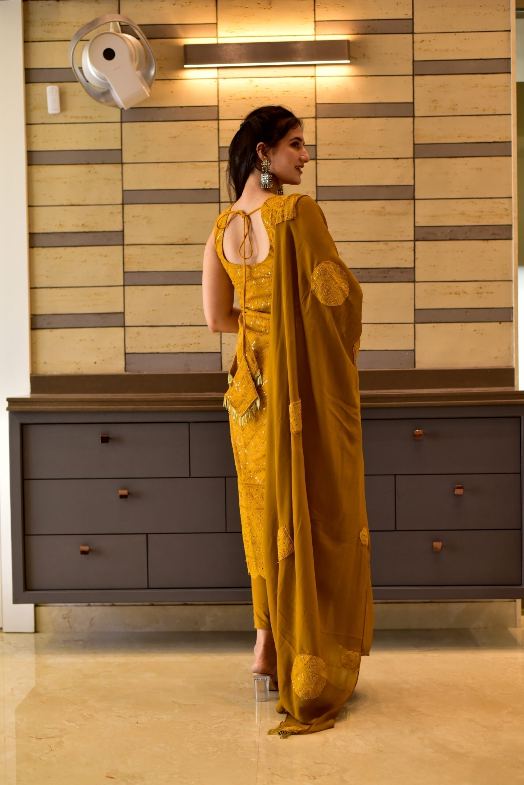 mustard chikankari kurta set