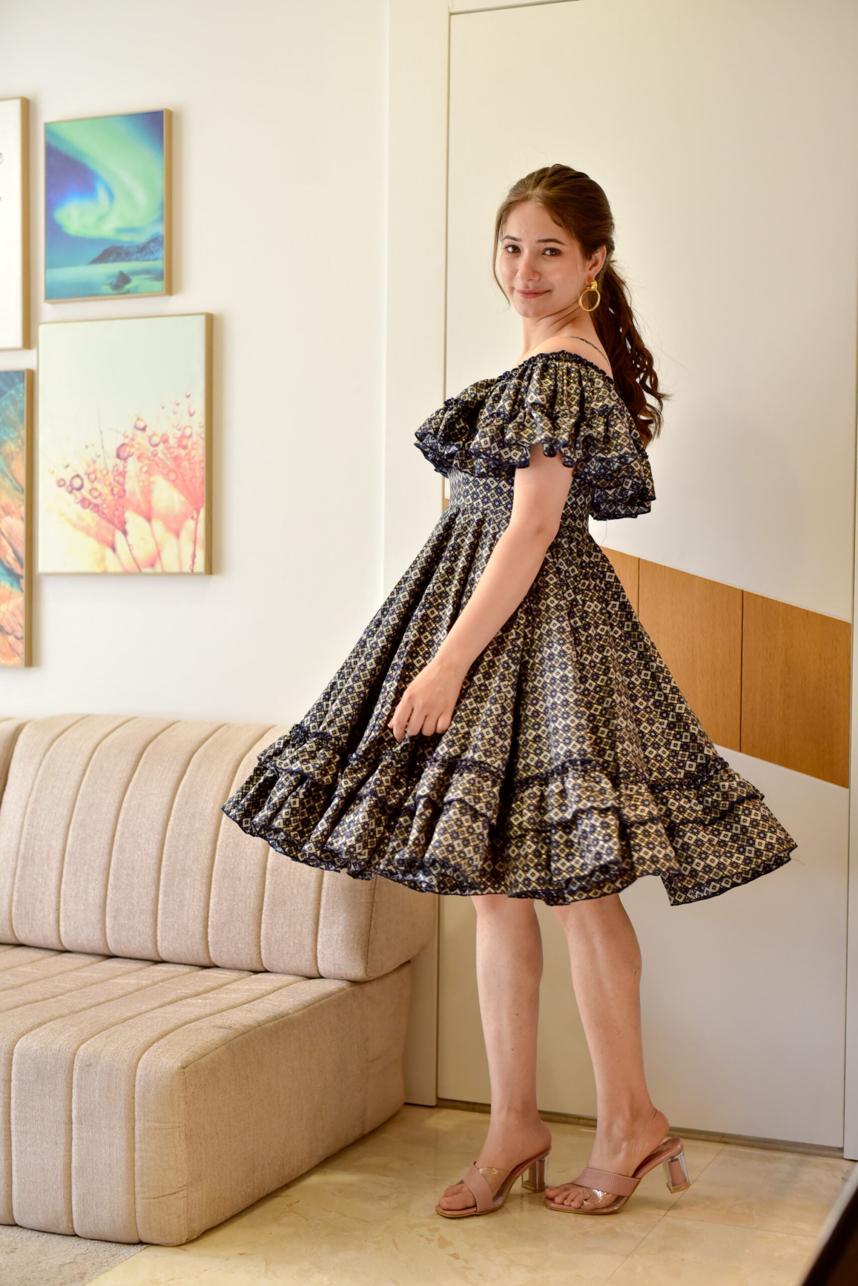 blue blossomy checks printed dress