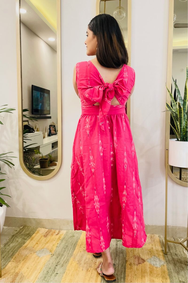 FUSCHIA IKAT BOW BACK FLARED DRESS