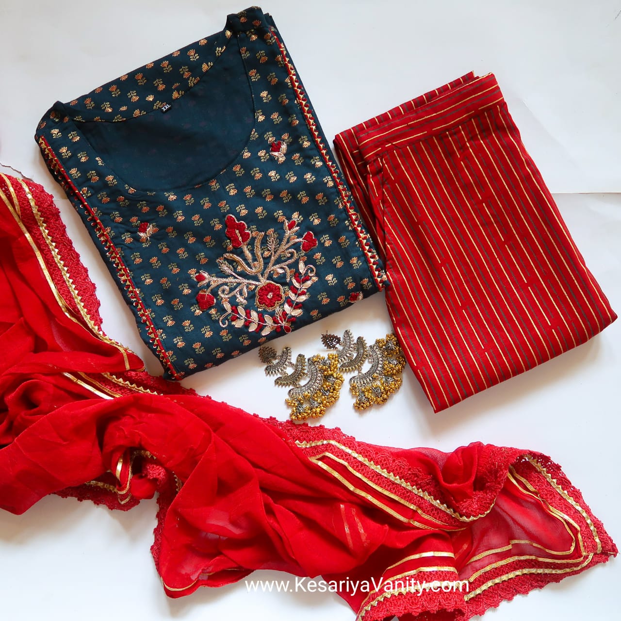 Kesariyavanity Bottle Green & Red Handwork Suit Set - DEAL