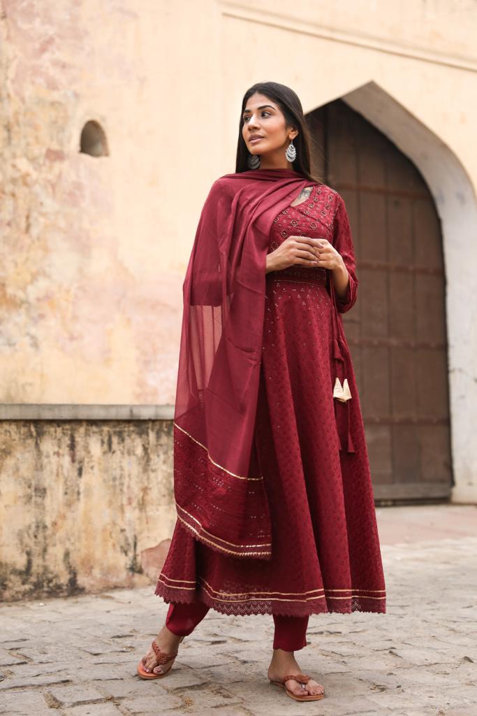 Kesariyavanity Rosewood Embroidered Festive Ready Suit Set - DEAL