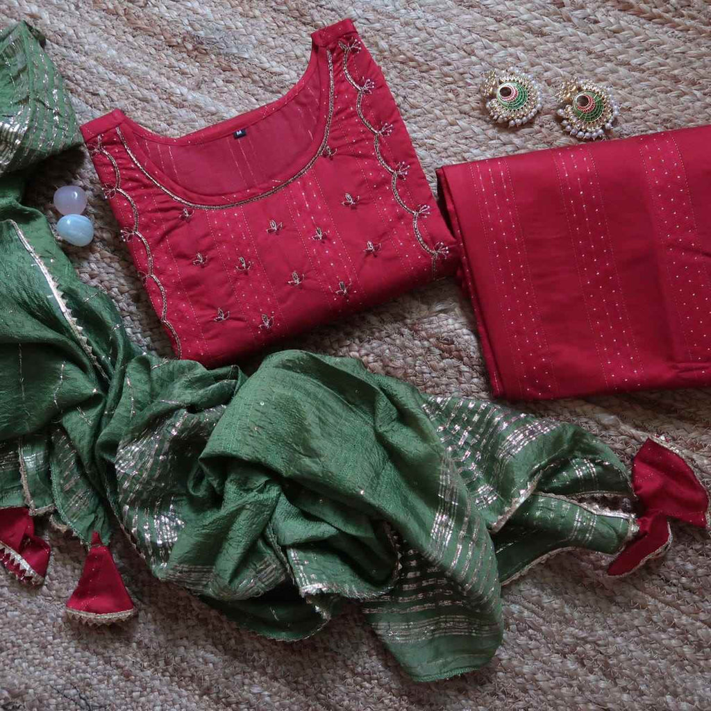 Romanticizing Red & Green Zari Suit (3 piece)
