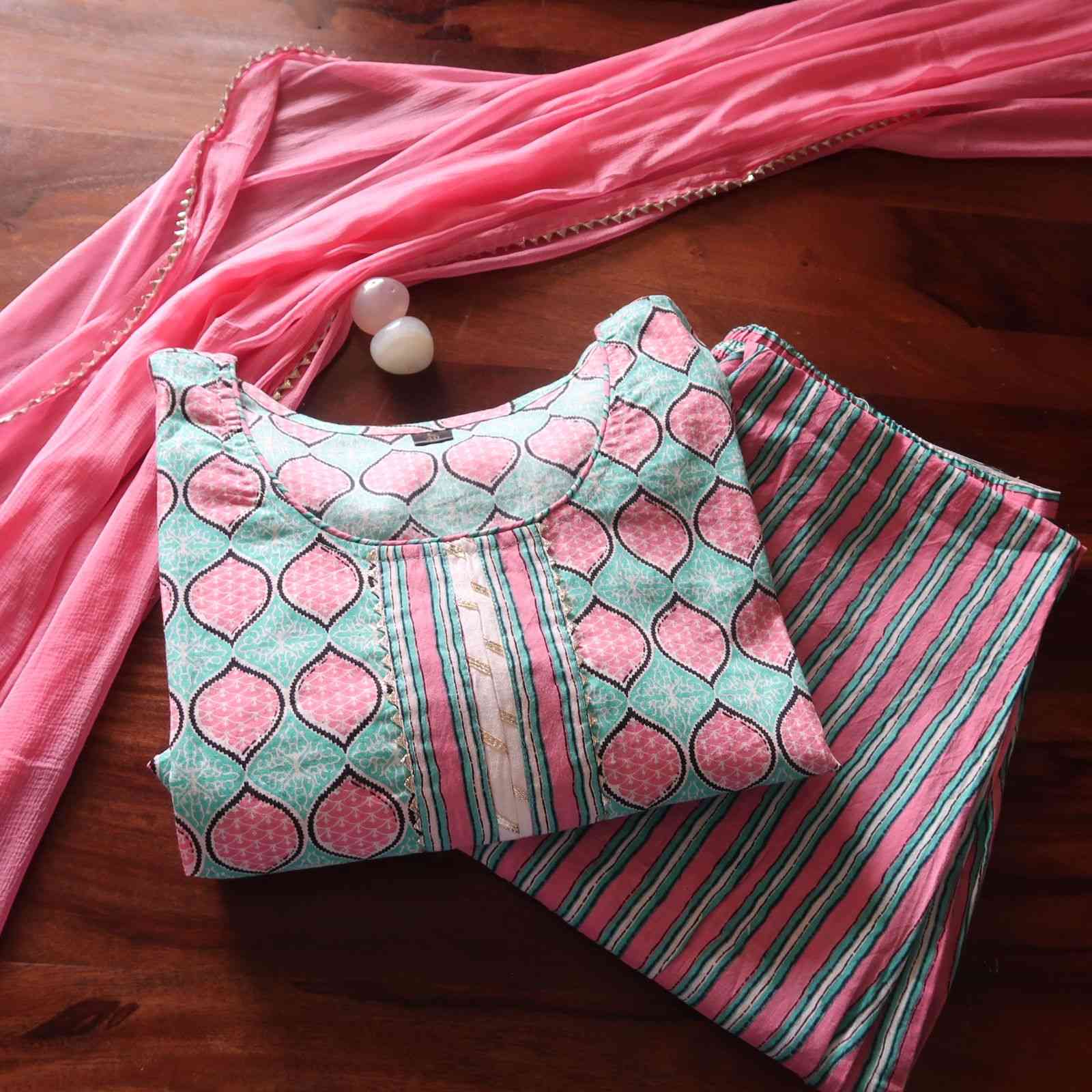 Easy Breezy Sky Blue & Pink cotton Suit (3 piece)