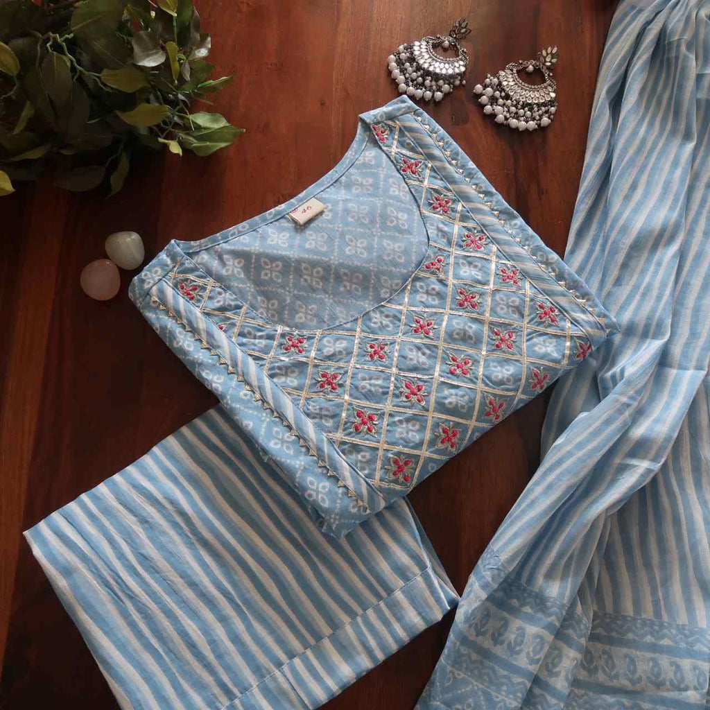 Powder Blue Breathable Relaxing Fit Cotton Suit (3 piece)