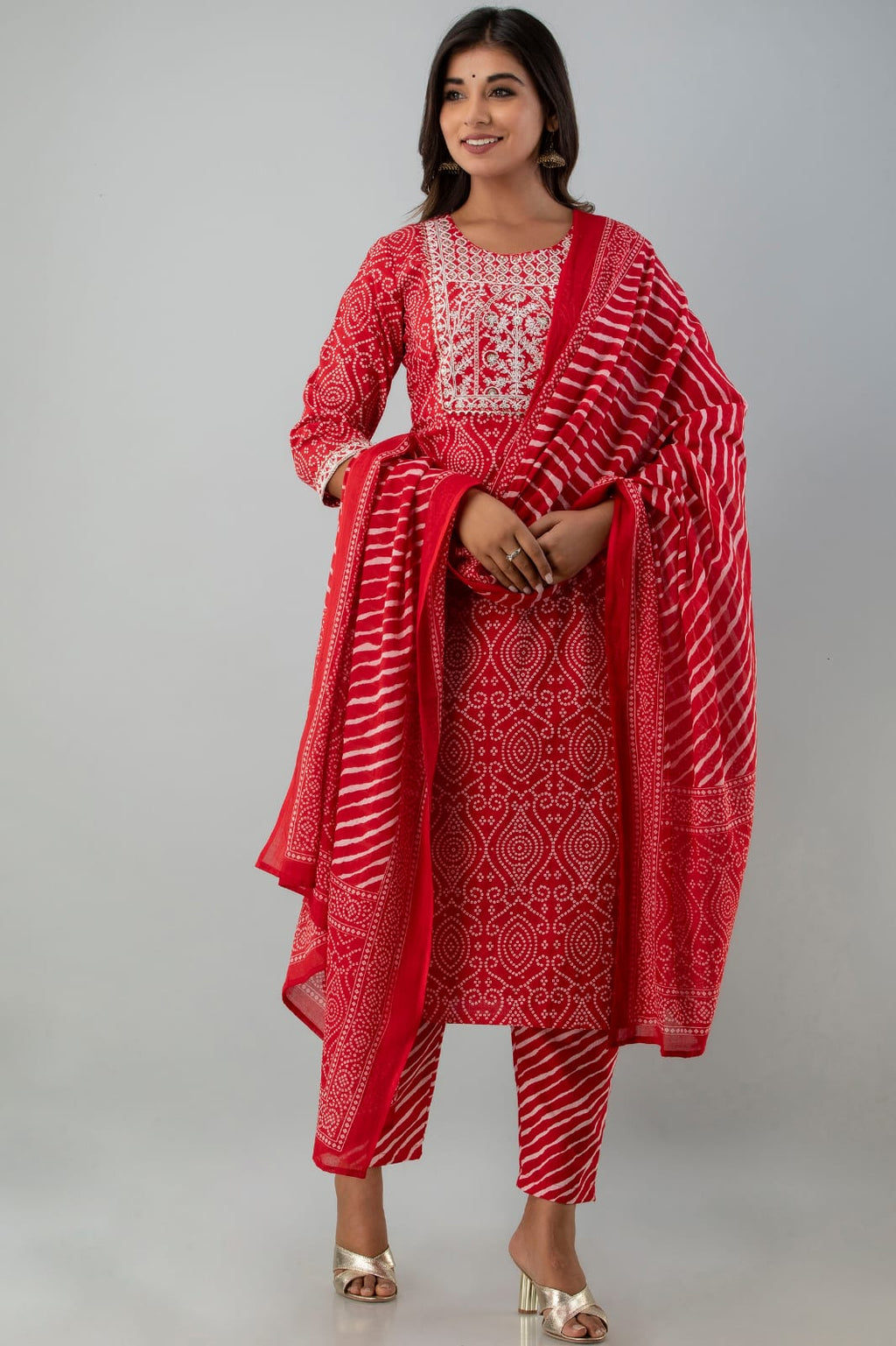 Ethnic Red Bandhej Leheriya Breathable Relaxing Fit Cotton Suit (3 piece)