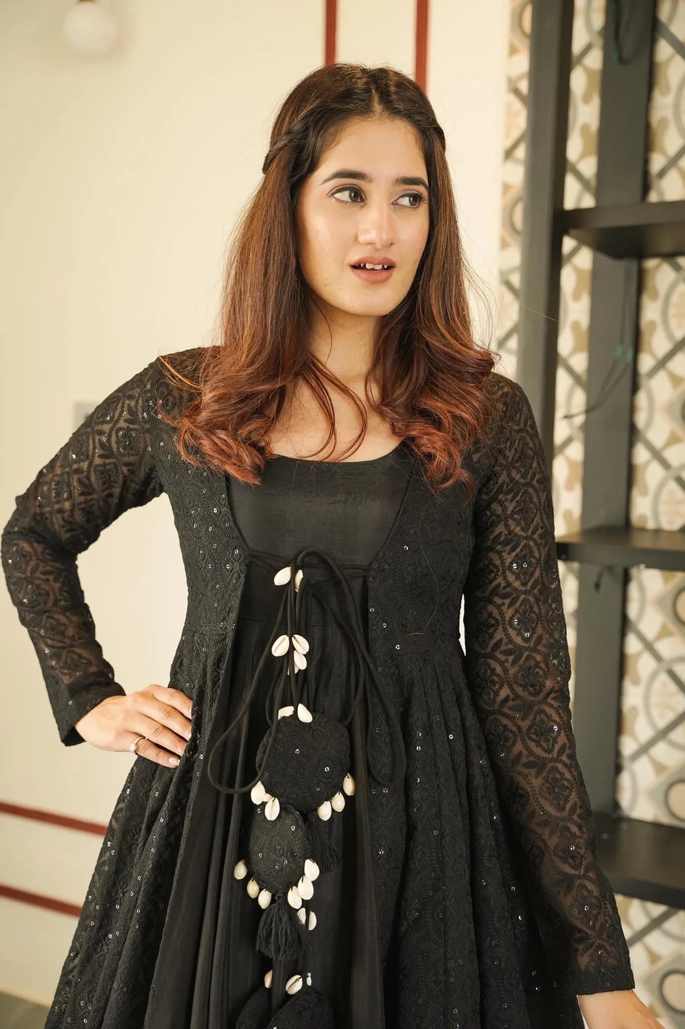 black embroidered shrug set