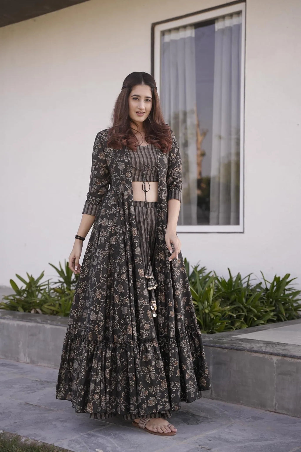 grey croptop palazzo with floral shrug set