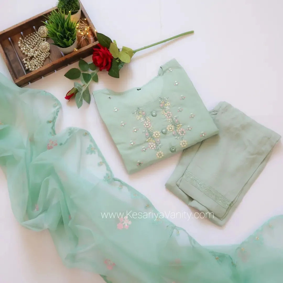 SALE: Pastel Turquoise Mirror Embroidered Suit Set
