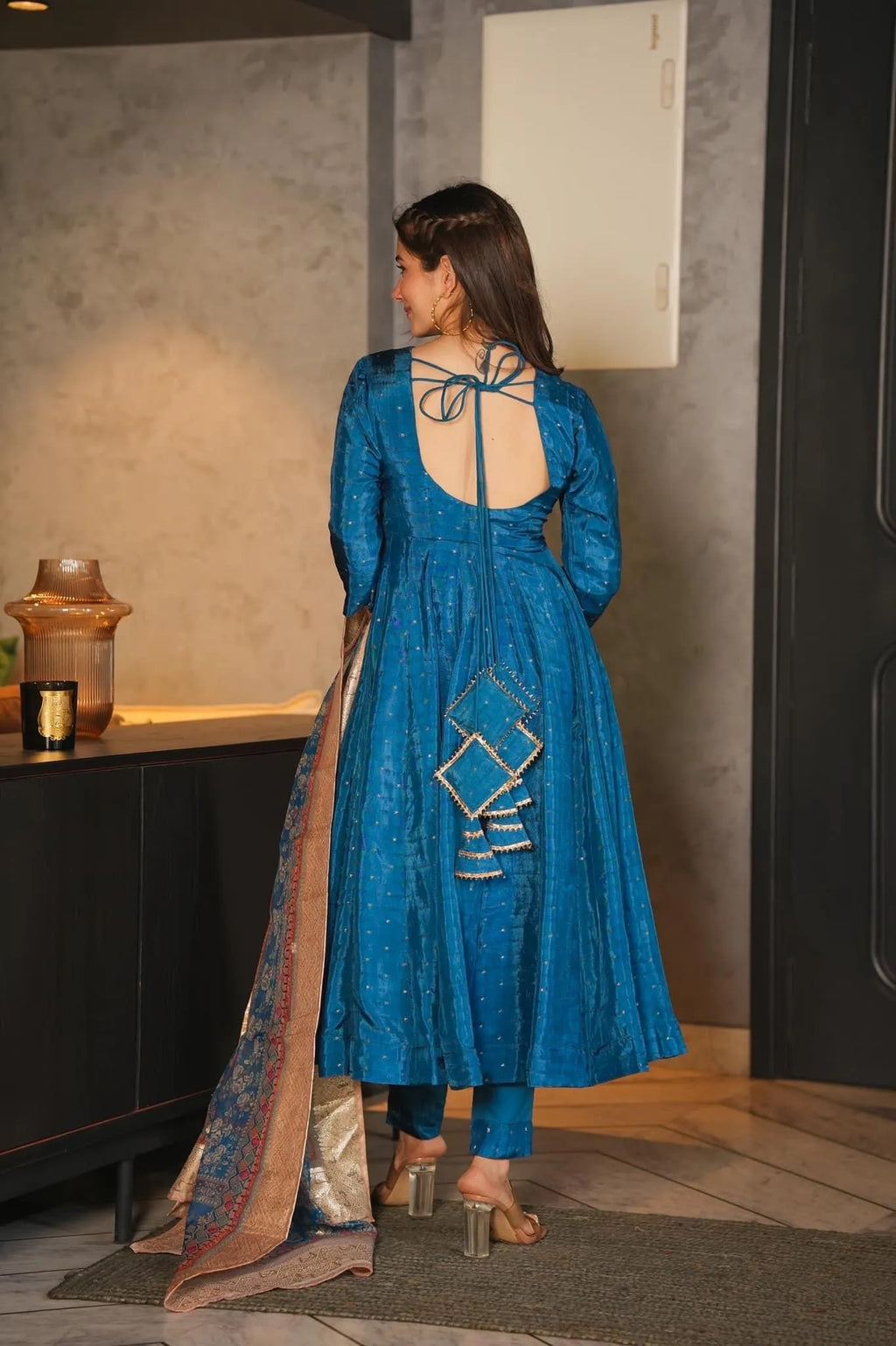 aqua blue silk suit set
