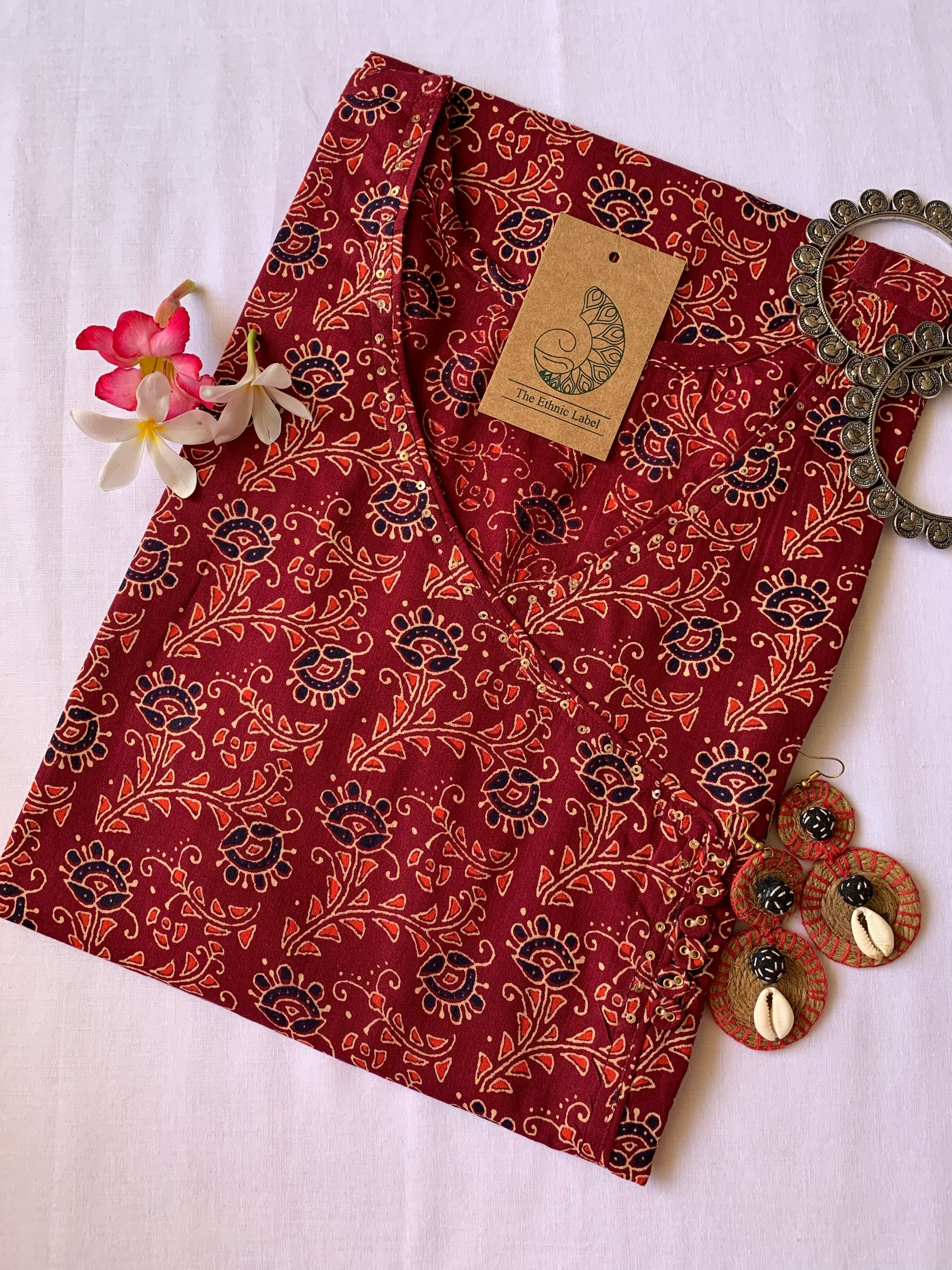 Hand Block Printed Maroon Ajrakh Angrakha Cotton Kurta - M