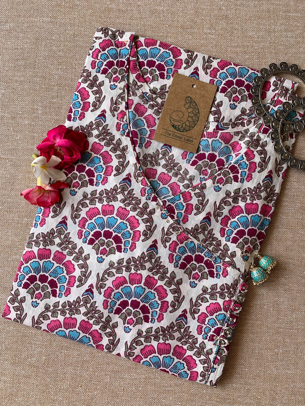 "Orchid" Blue Pink Angrakha Cotton Kurta