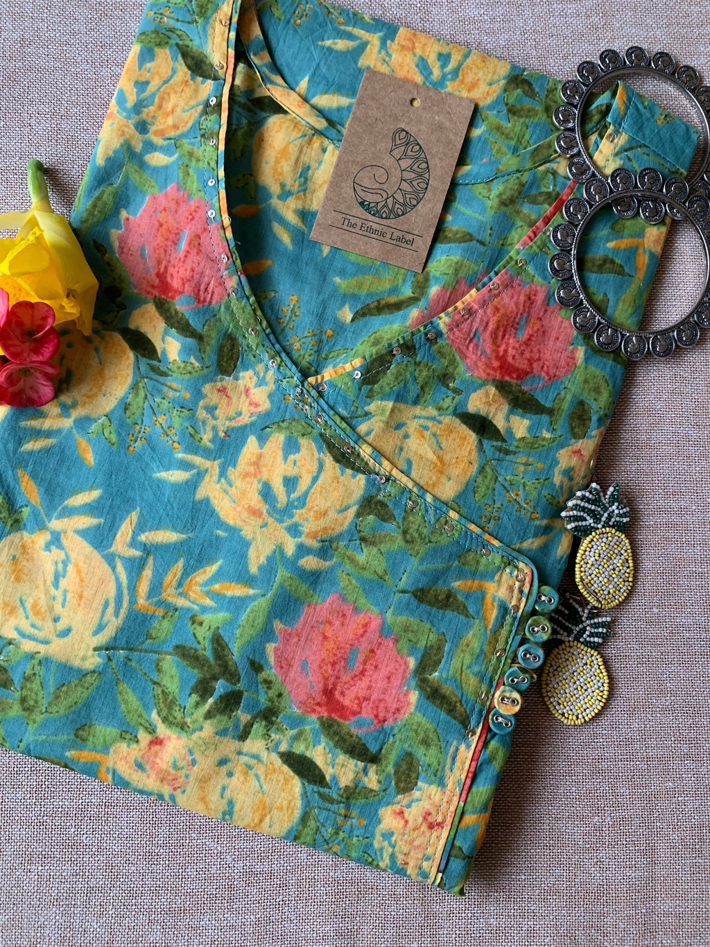 "Daffodils" Sanganer Hand Block Printed Angrakha Cotton Kurta