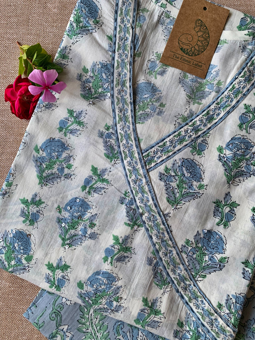 White Blue "Aasman" Angrakha Cotton Kurta Set - 2 pc