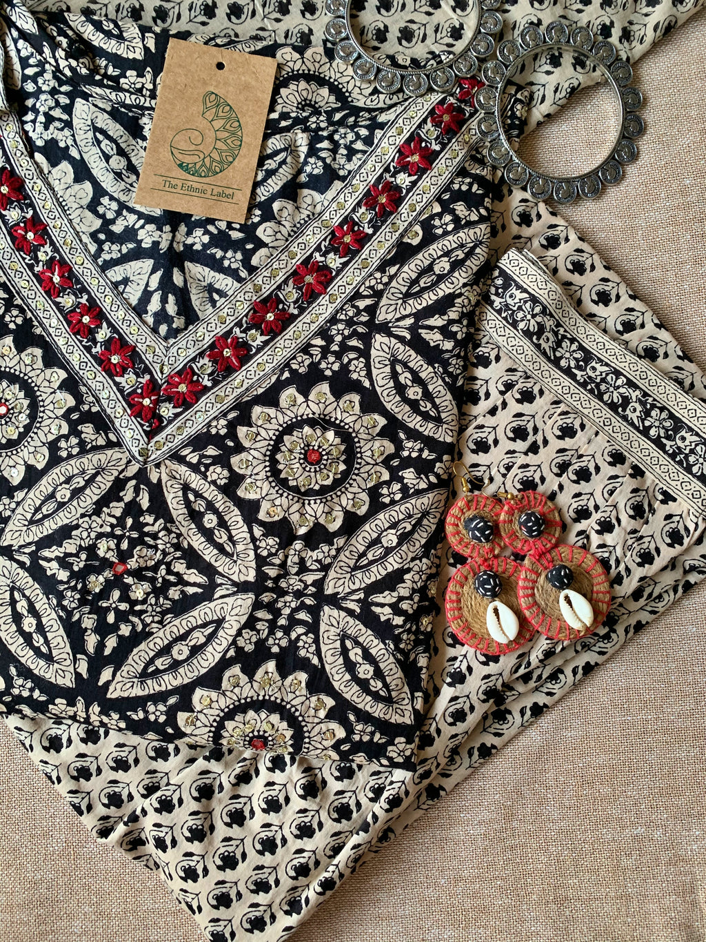 Hand Embroidered Black Ajrakh Afghan Pant Kurta Set with Dupatta - 3 pc