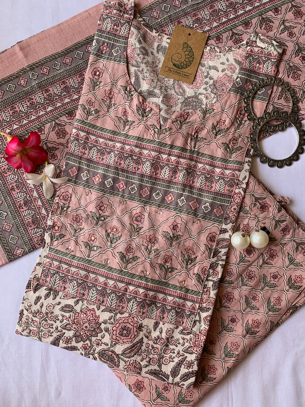 Peach Blossom Cotton Kurta Set - 3 pc - M