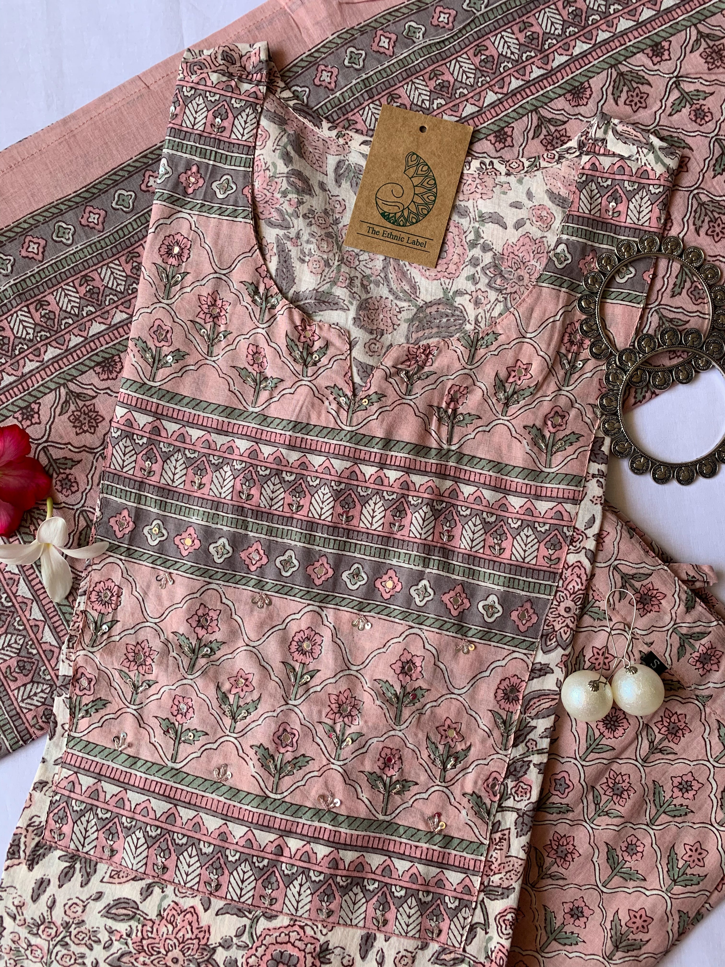Peach Blossom Cotton Kurta Set - 3 pc - M