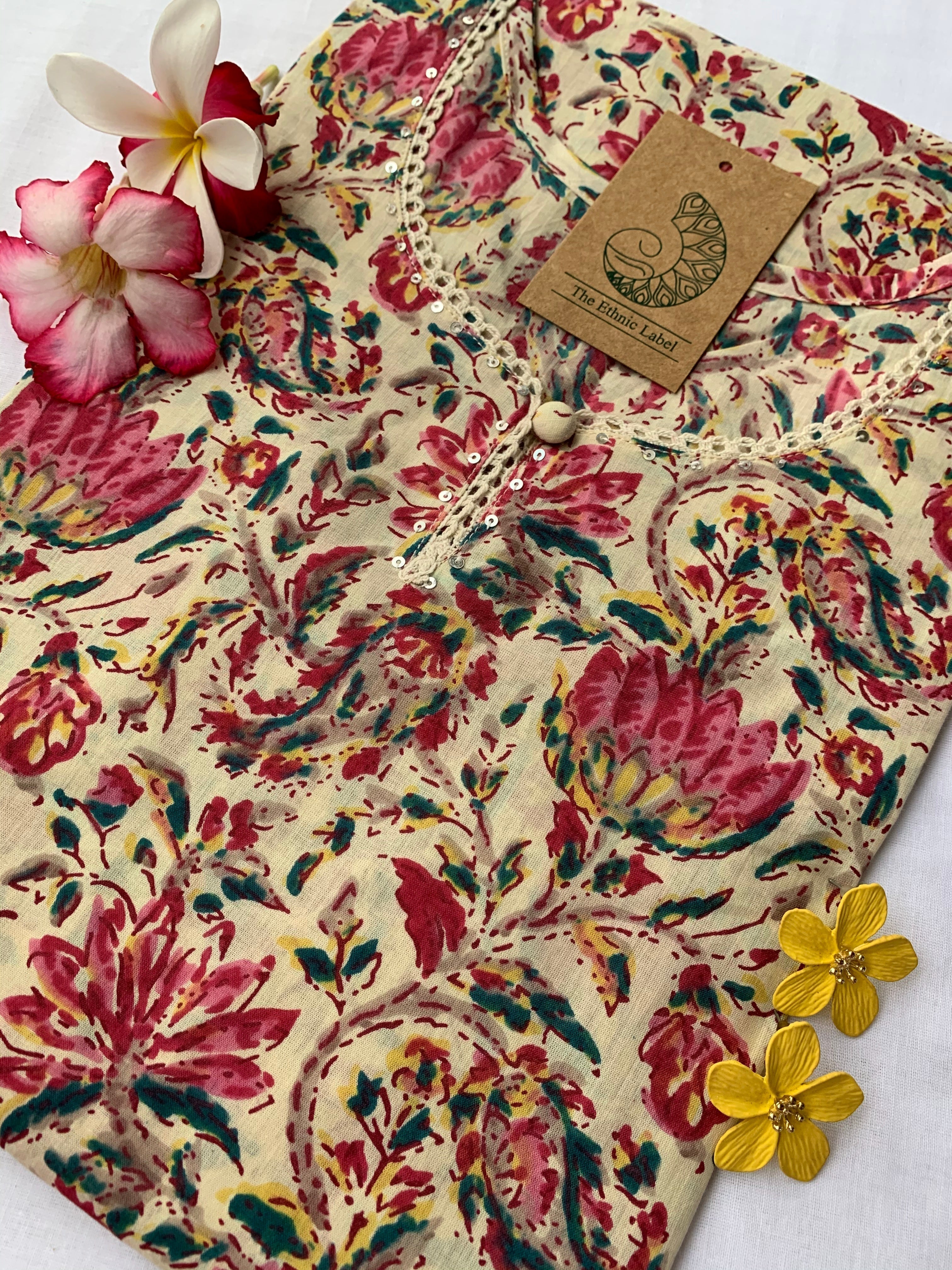 Cream Kamal Floral Cotton Kurta