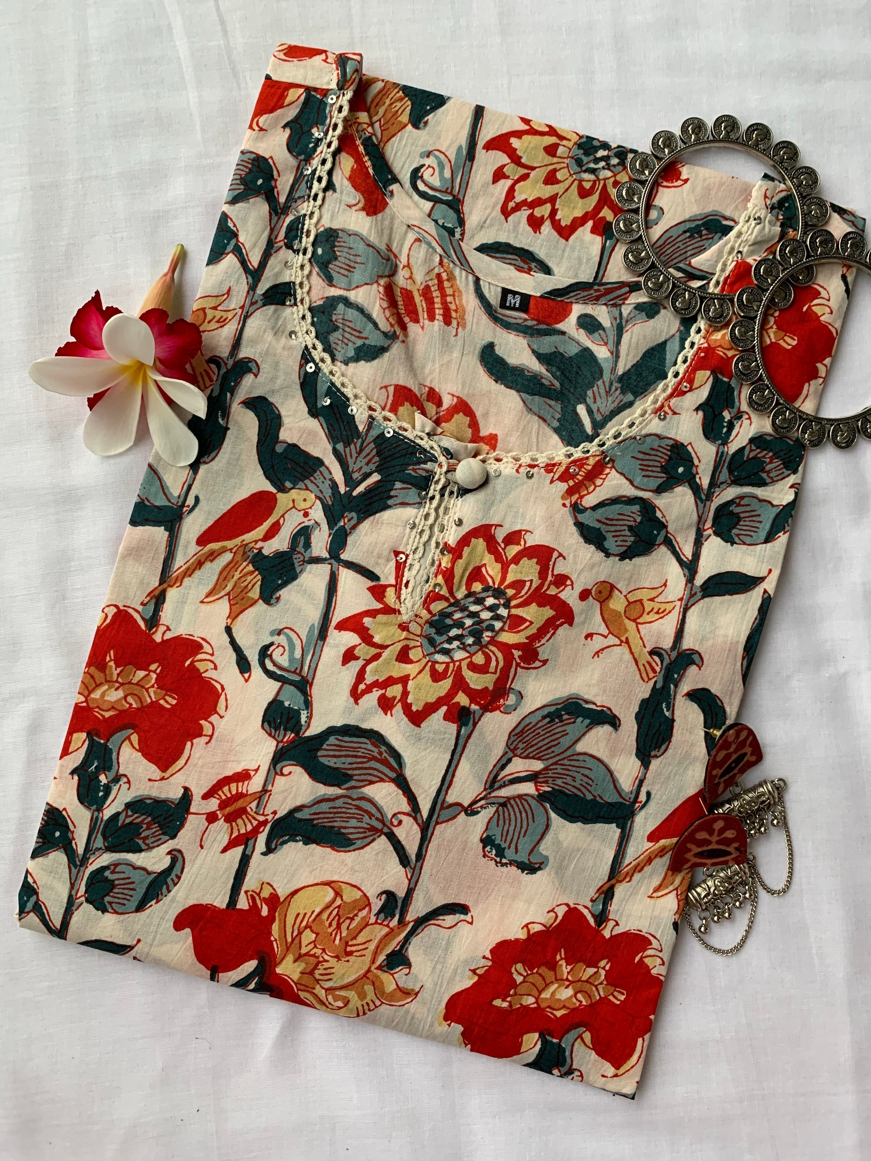 Cream Floral Bird Cotton Kurta