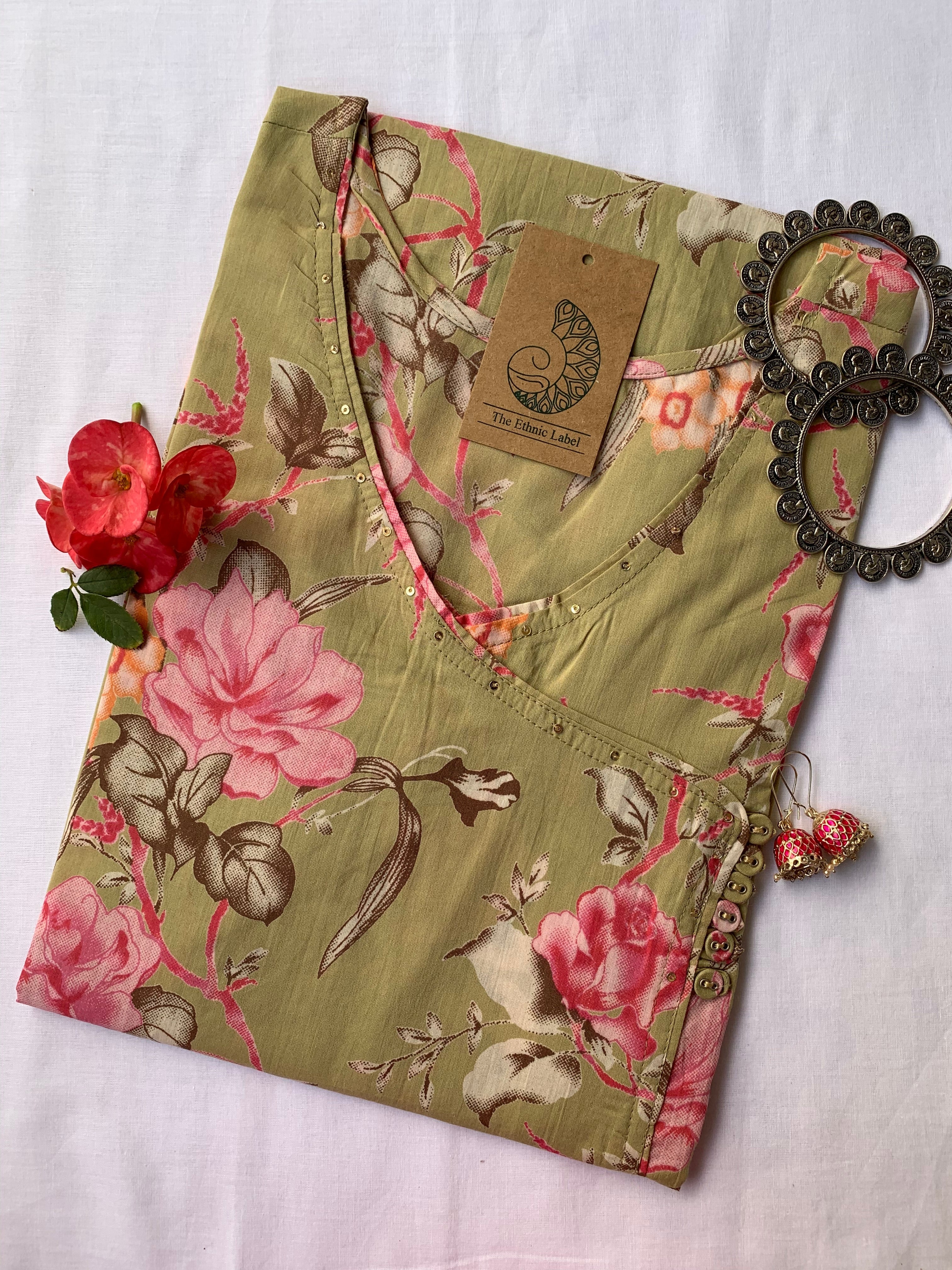 Green Pink Carnation Flora Angrakha Cotton Kurta