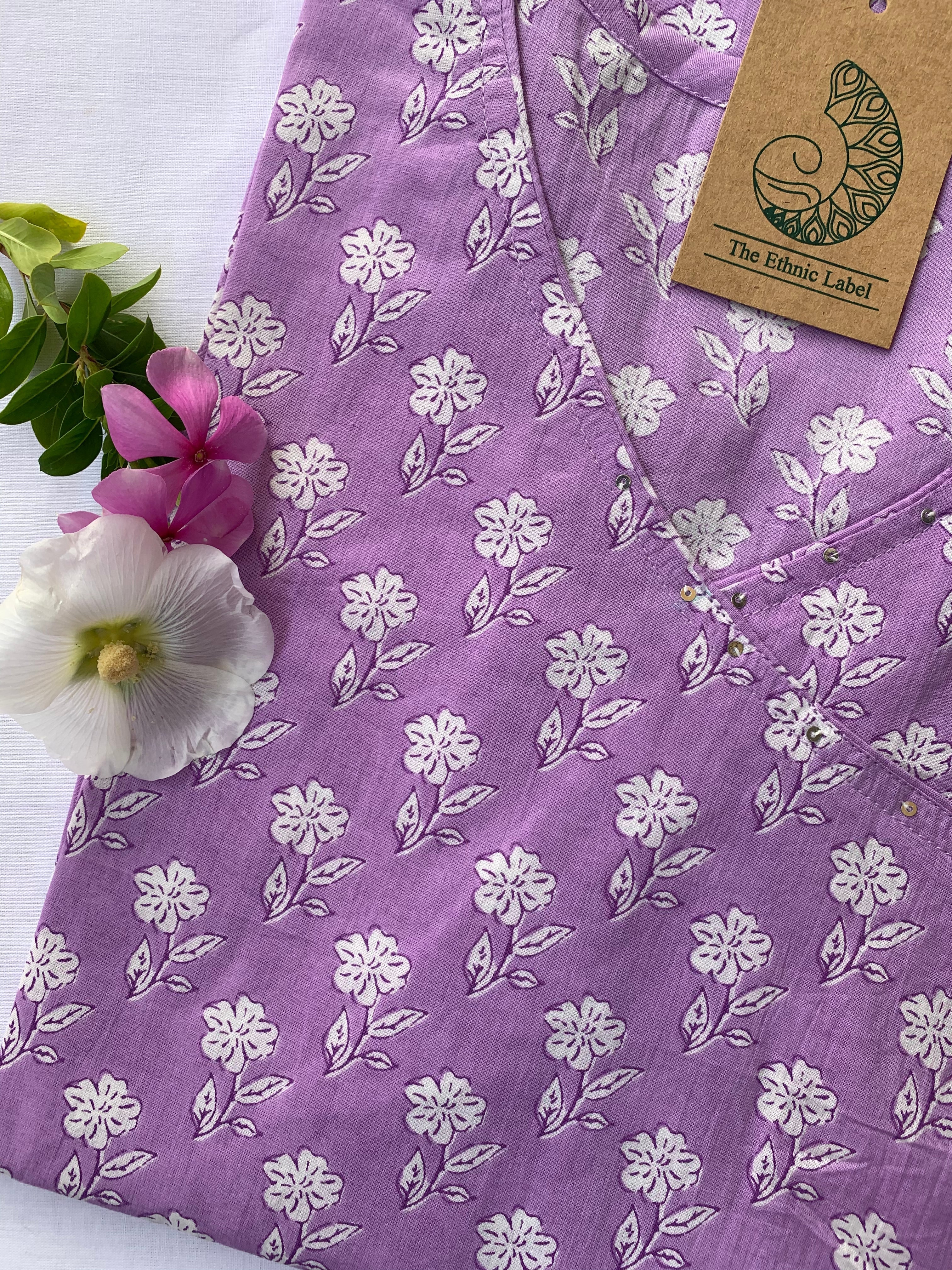 Hand Block Printed "Daisy" Lavender Angrakha Cotton Kurta