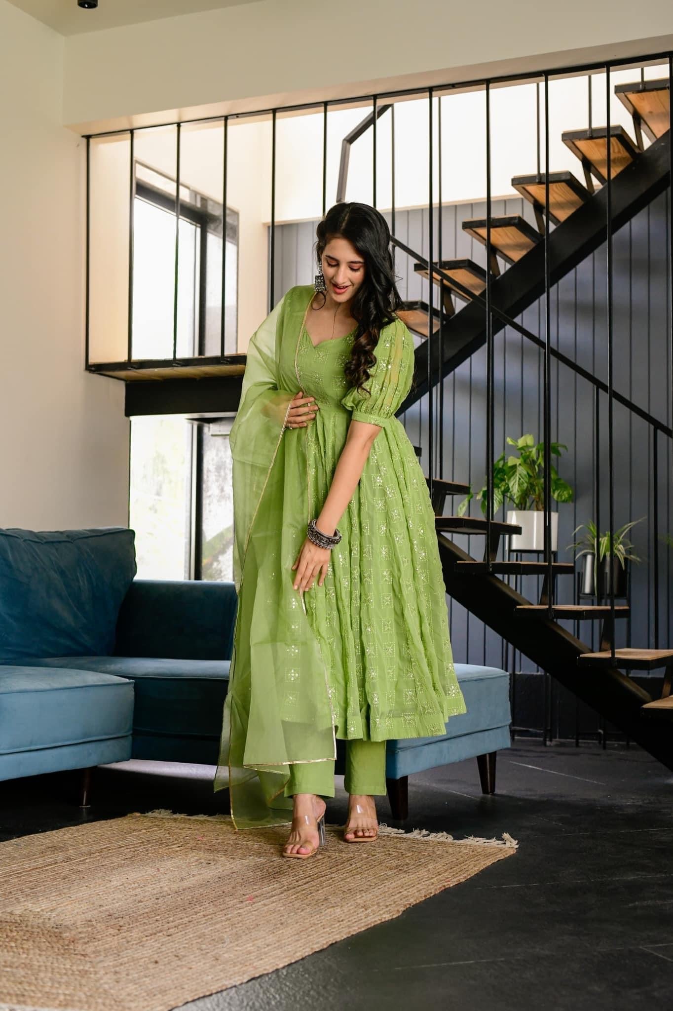 Falguni green georgette suit set