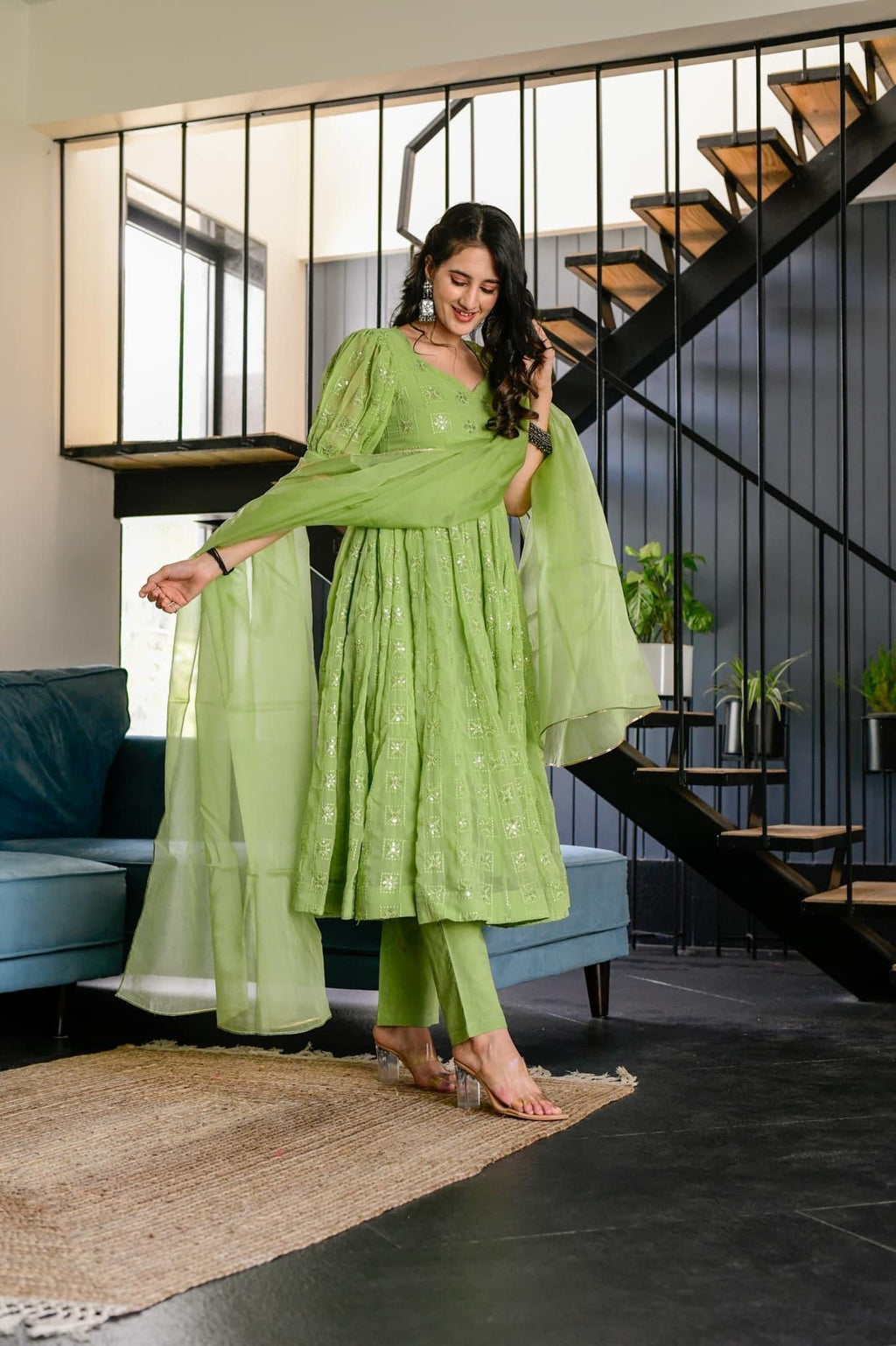 Falguni green georgette suit set