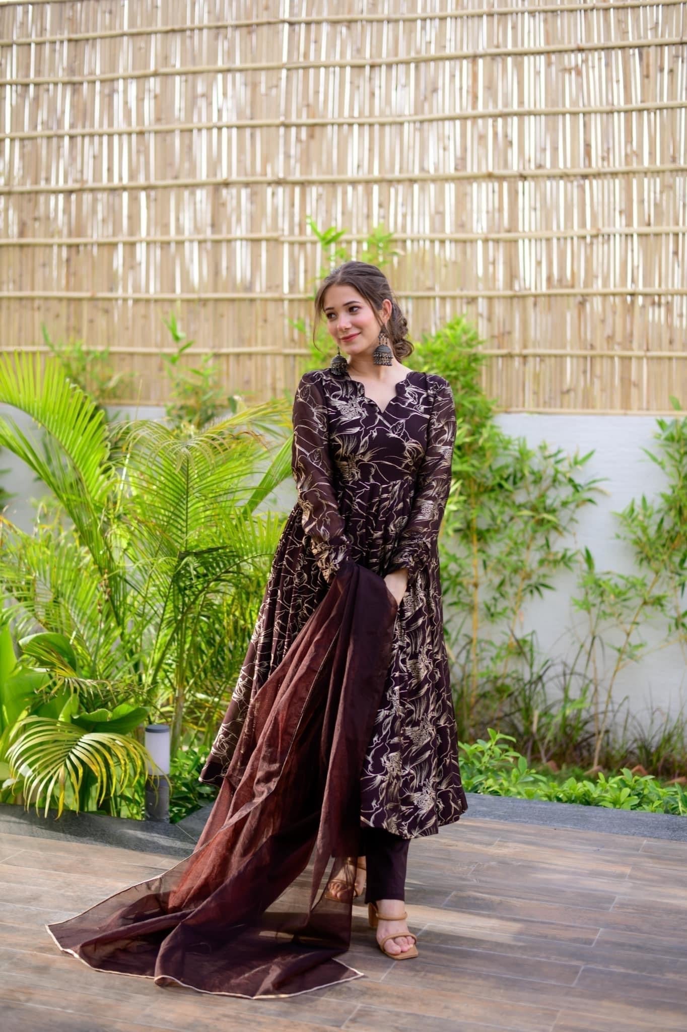 brown organza shimmer suit set