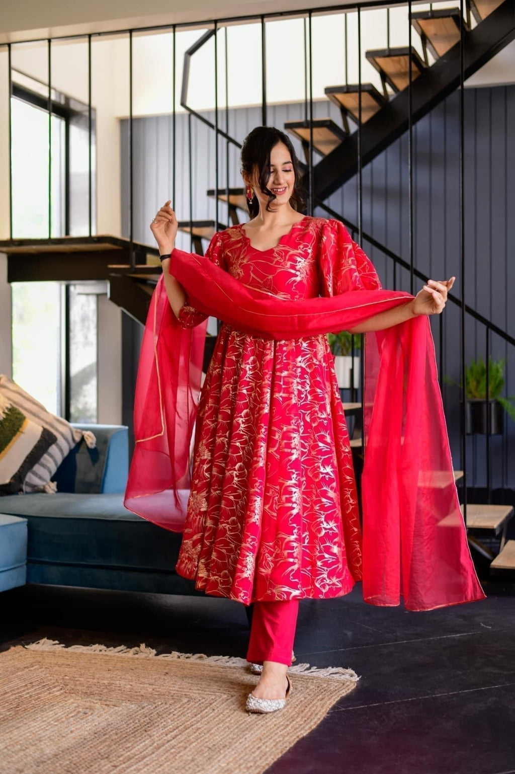 magenta pink organza suit set