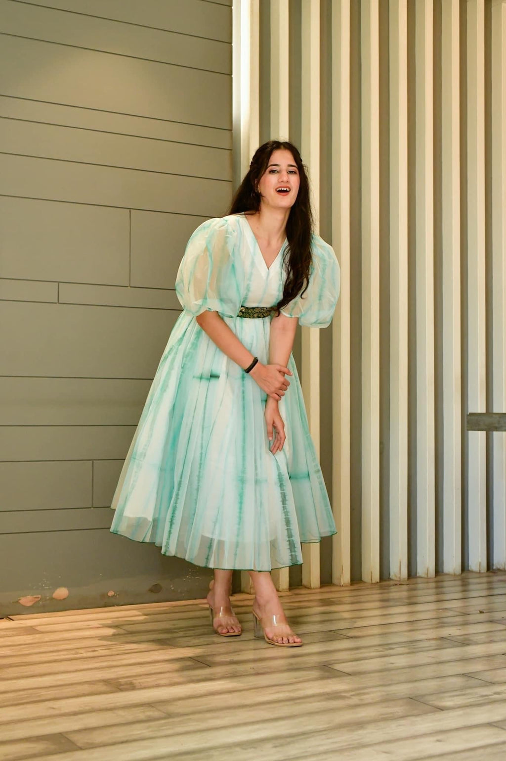 Green shibori organza dress