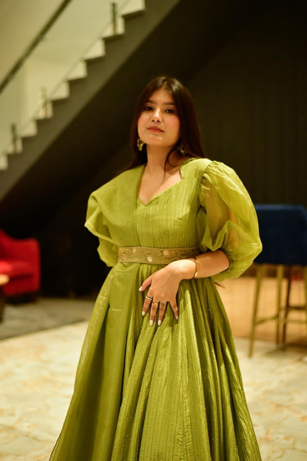 green embroidery silk suit set
