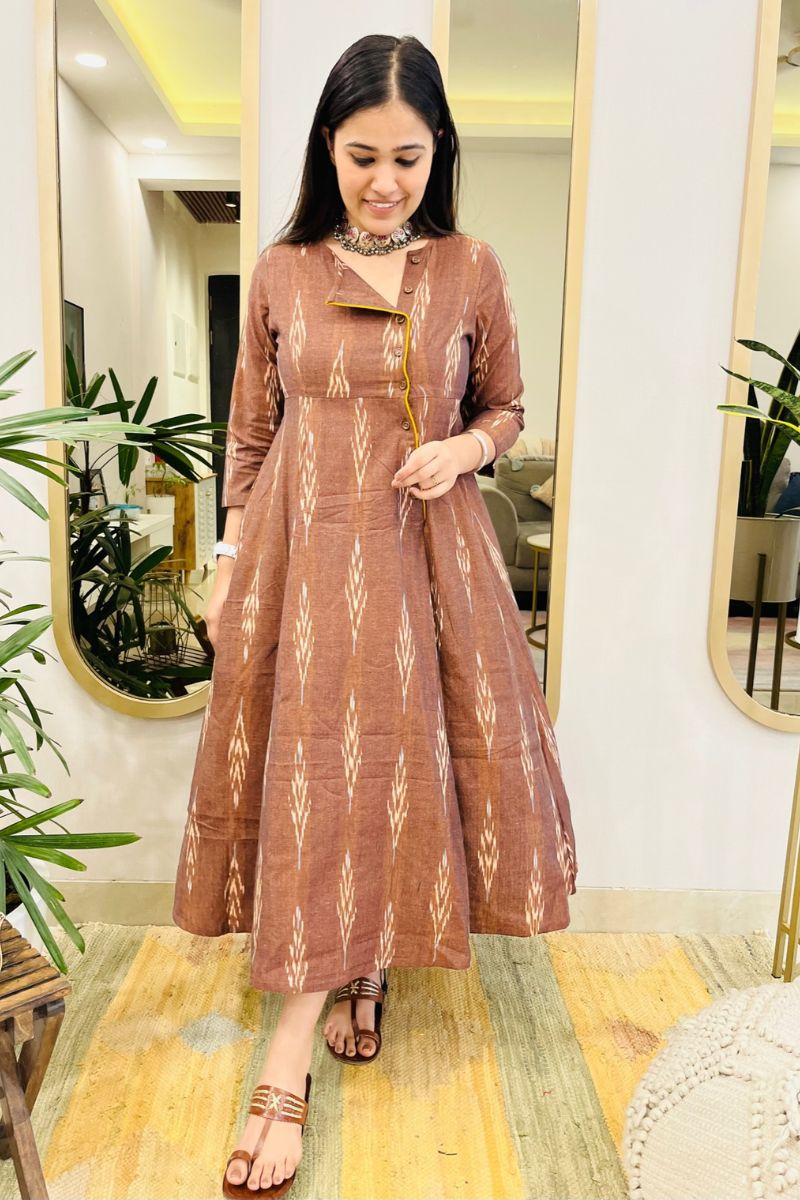 BROWN IKAT ANGRAKHA DRESS WITH YELLOW DETAIL