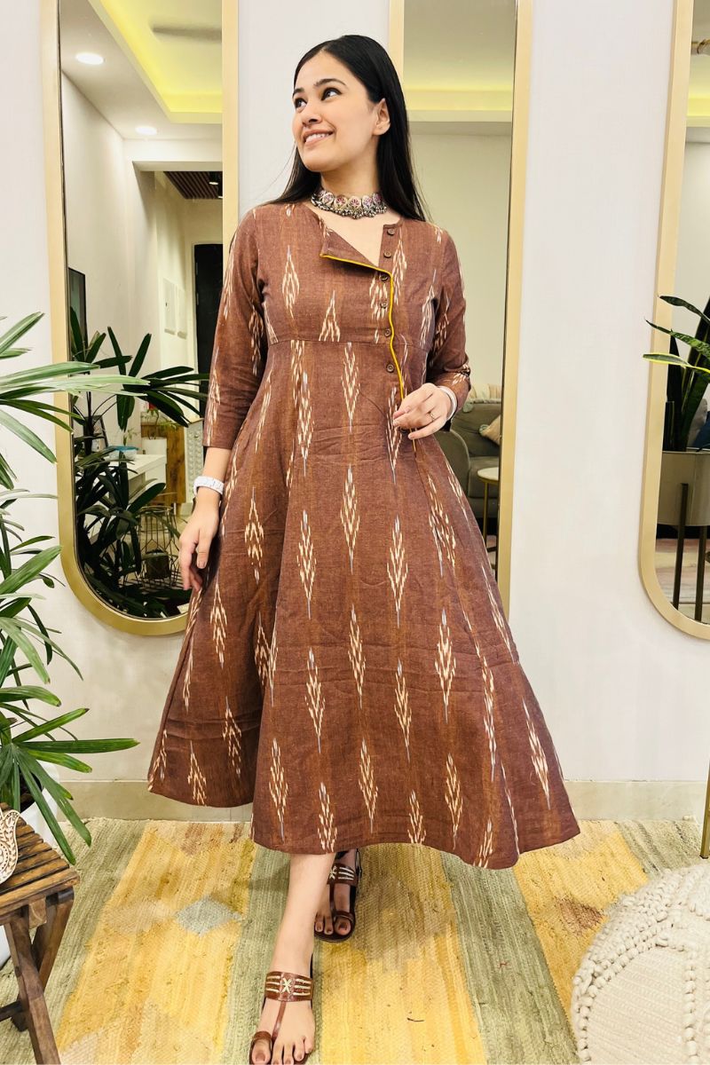 BROWN IKAT ANGRAKHA DRESS WITH YELLOW DETAIL