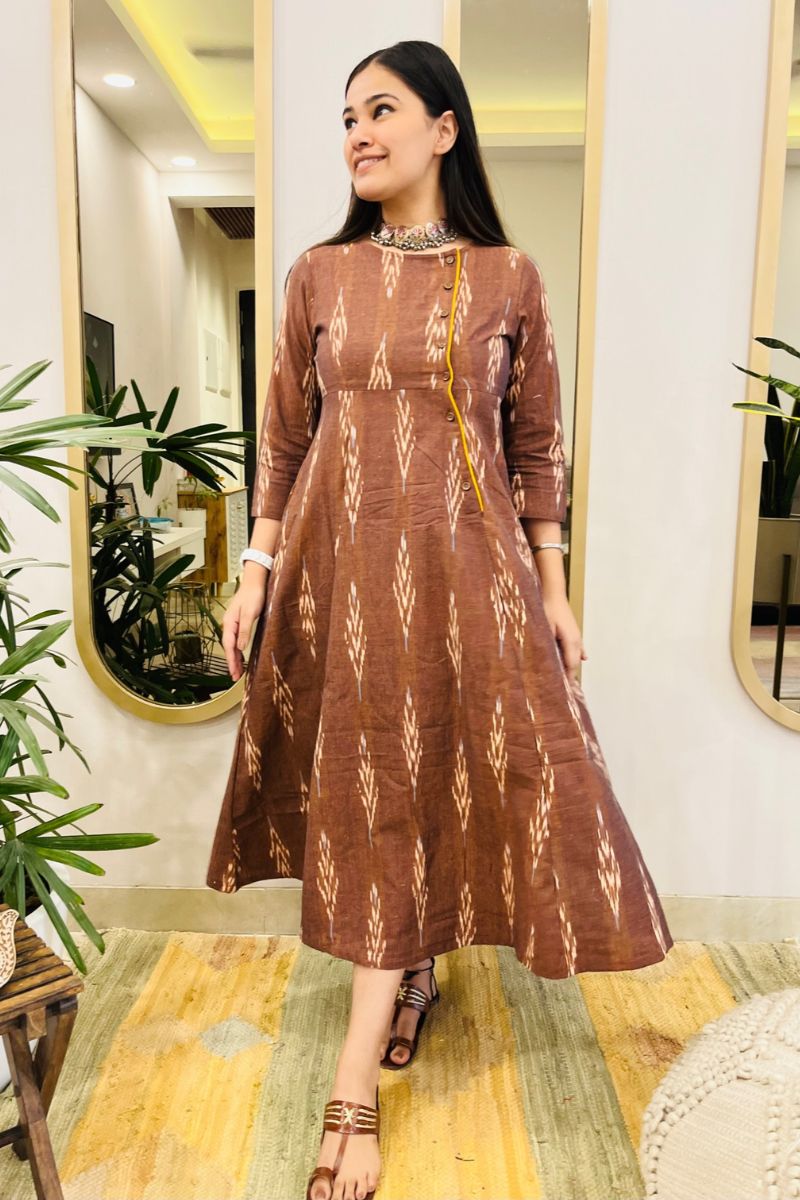 BROWN IKAT ANGRAKHA DRESS WITH YELLOW DETAIL