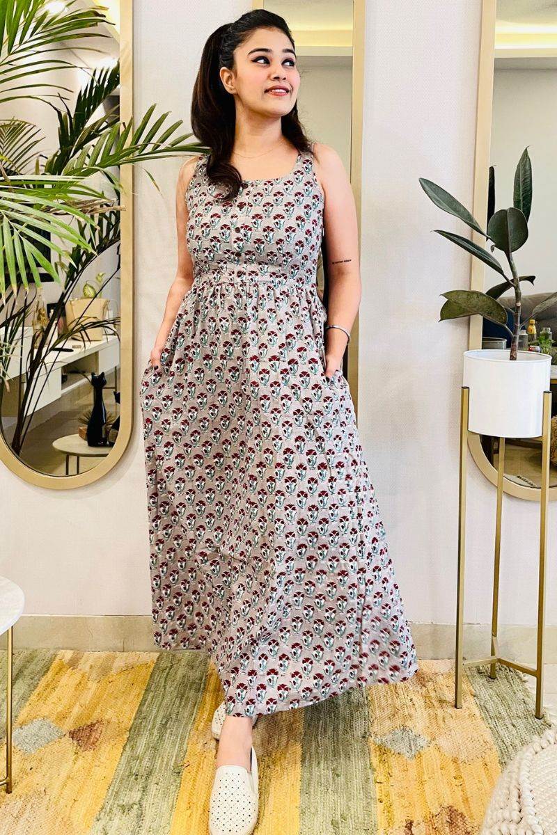 GREY HAND BLOCK PRINT MAXI DRESS
