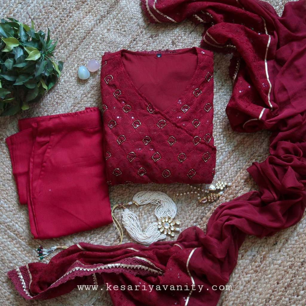 Kesariyavanity Rosewood Embroidered Festive Ready Suit Set - DEAL